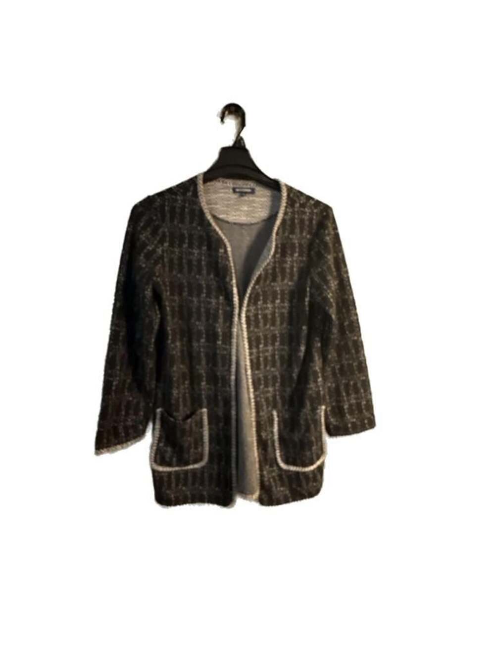 Max Edition Black and White Herringbone Knit Open Front Cardigan